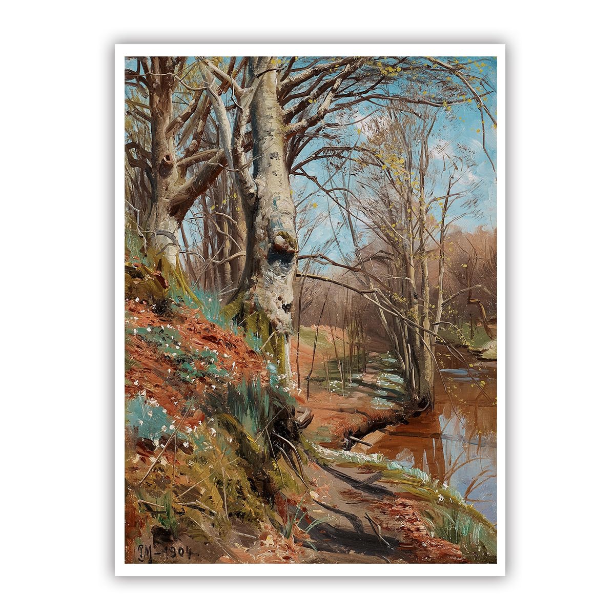 SHENGPOSTER Wiosenny Krajobraz Plakat Na Płótnie Rustykalny Las Brzeg Rzeki Drzewa i Dzikie Kwiaty Druk Giclee Sztuka ścienna Do Salonu Sypialnia Wystrój Bez Ramki 85 x 110 cm