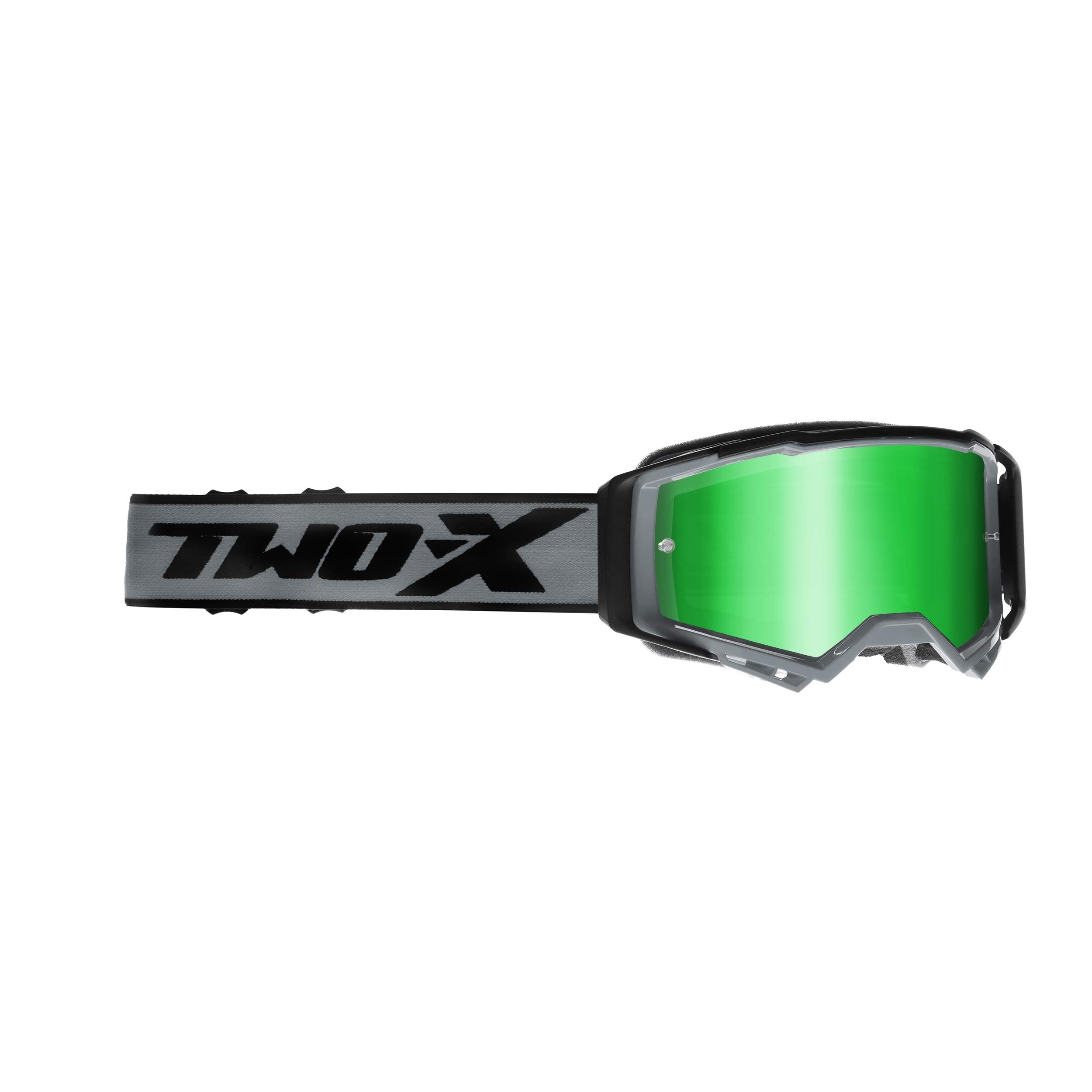 TWO-X Cross-Brille - Motocross Mit Verspiegeltem Grünen Glas - Kratzfeste Schutz-Brille für Enduro & Downhill - Atom - Outbreak-Grau