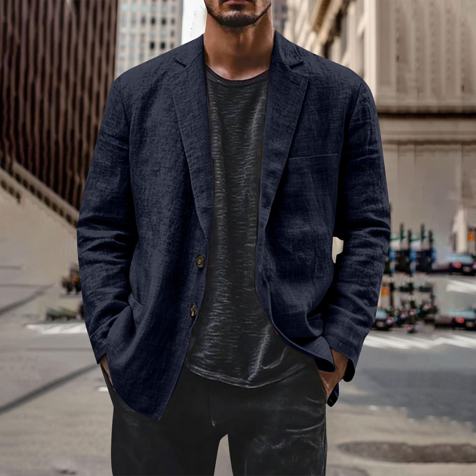 Giacca da mezza stagione da uomo, leggera, blazer da uomo, sportiva, in lino, traspirante, per il tempo libero, blazer, cardigan, alla moda, con bottoni, top casual, senza cappuccio
