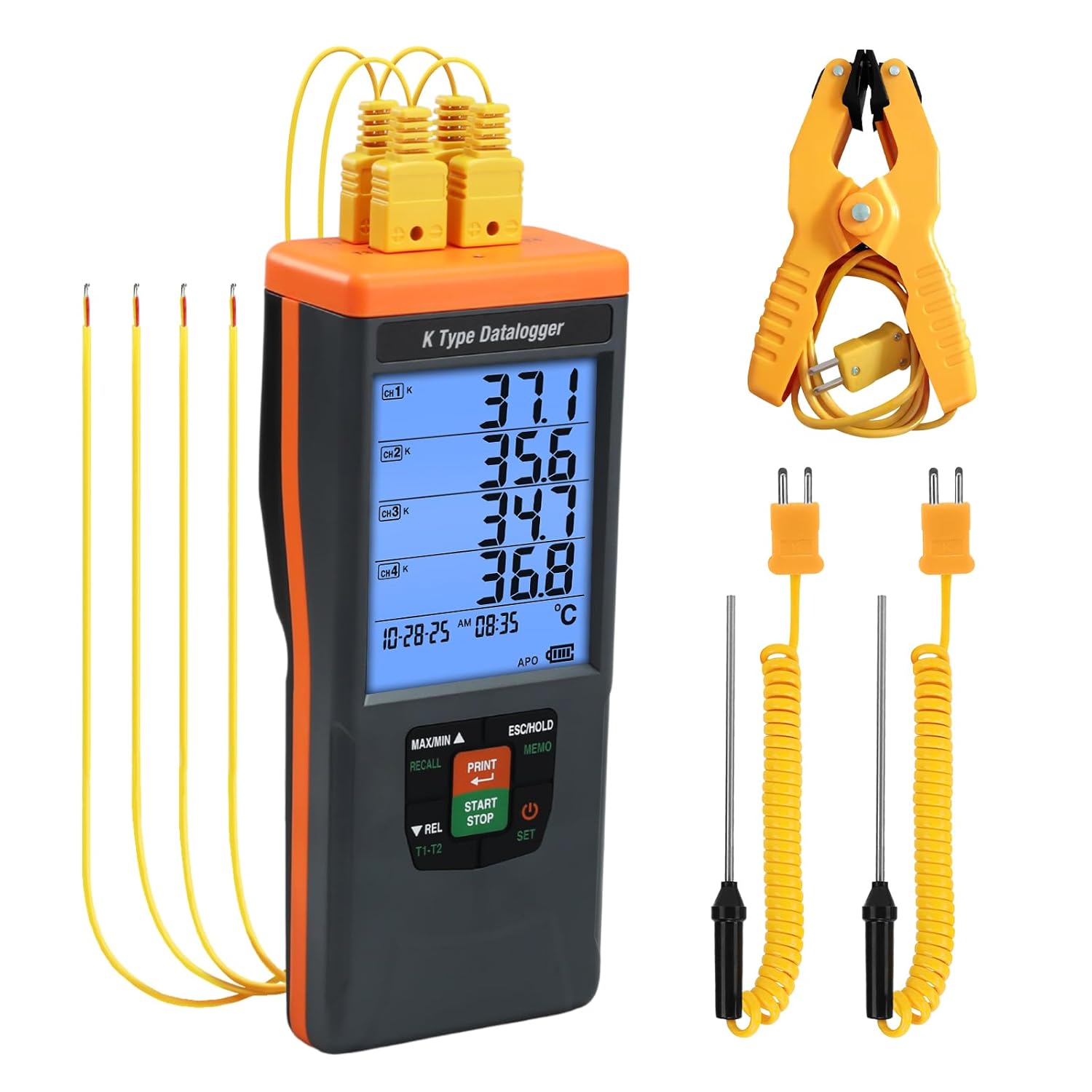 Digital K Type Thermocouple Thermometer, Dual Channel Thermocouple Tester(-238~3212℉) with 2 Temperature Clamp and 2 Wired Thermocouple Probes