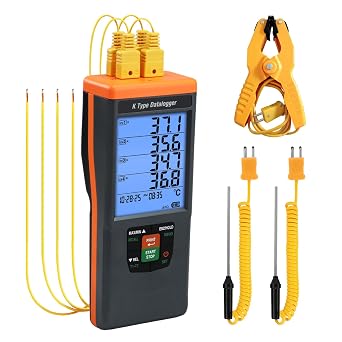 Data Logger Thermometer, Digital 4 Channel K Type Temperature Clamp -3282498F,HVAC Thermometer Tester with 48,000 Groups Data Records,Audible/Visual Alarm
