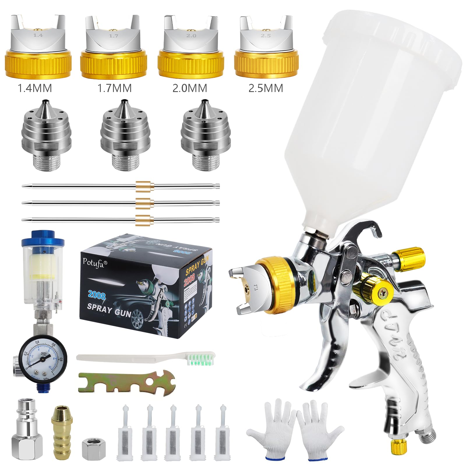HVLP Kit Pistolet à Peinture Professionnel avec 4 Buses – 1,4 mm, 1,7 mm, 2,0 mm et 2,5 mm, Pistolet à Peinture Professionnel à air comprimé avec gobelet en Plastique de 600 ML (Jaune)