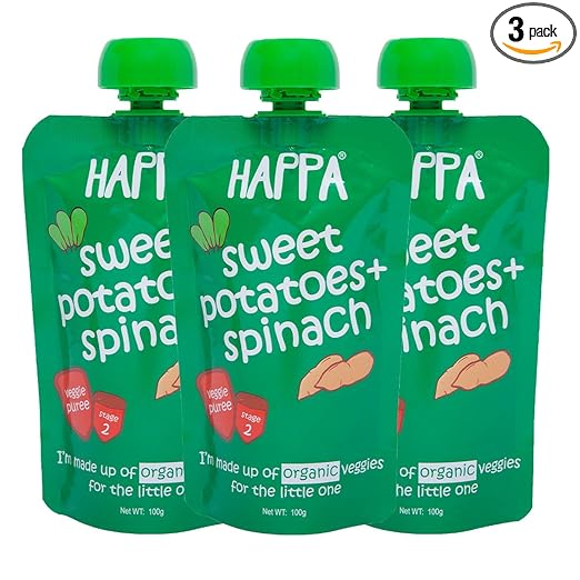 Happa Organic Food, Fruit Puree (Sweet Potato+ Spinach) Stage 2, 3 Pouches, 100 Gram Each
