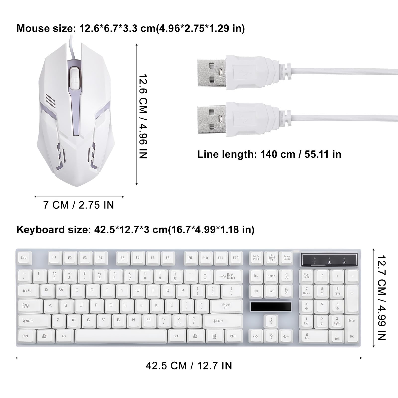 Uonlytech Set Tastiera Bianca Cablata Mouse Ergonomico Usb, Tastiera 104 Tasti in Abs Design a Tasti Flottanti per Accessori Computer Gaming