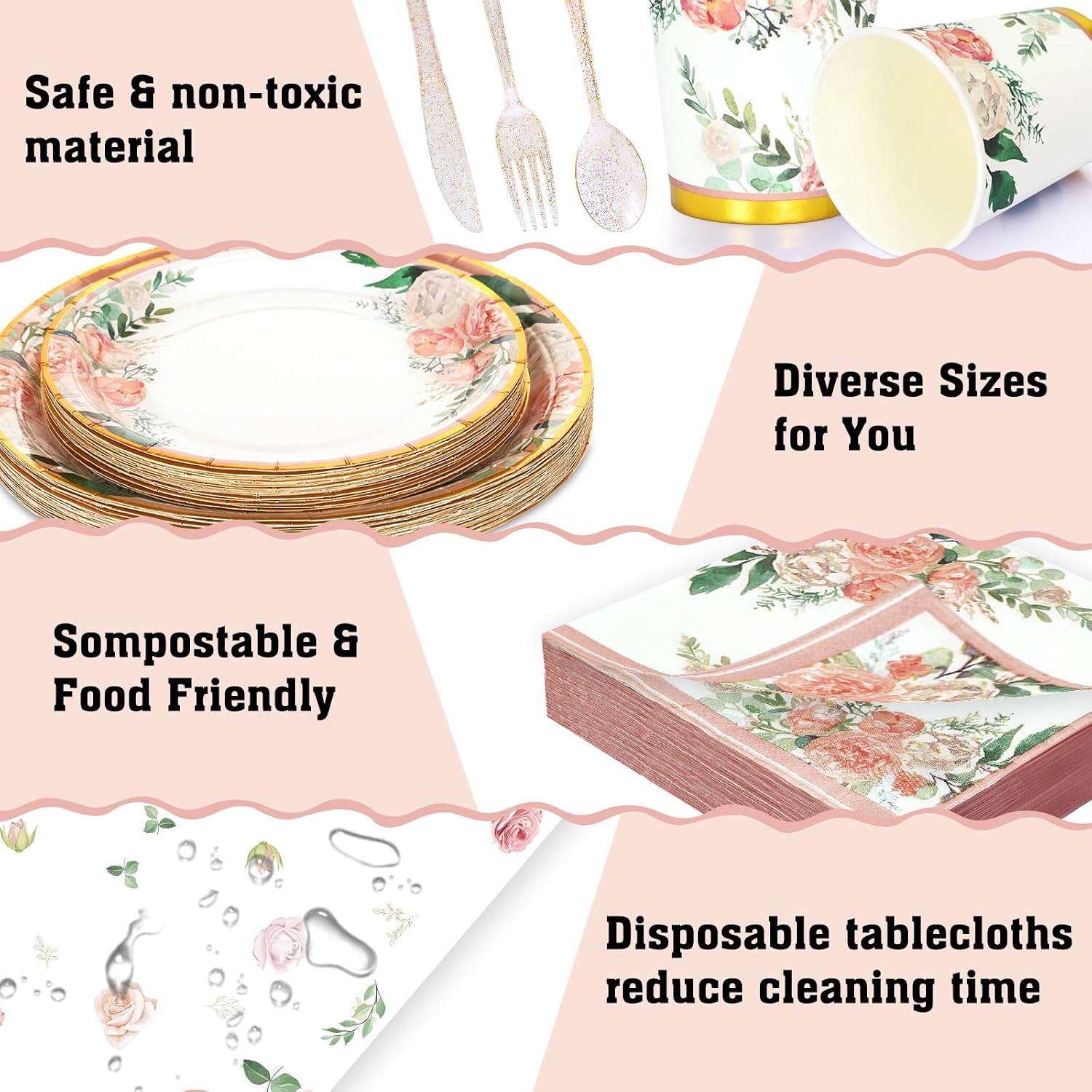 Boosolo Floral Party Supplies - Bridal Shower Paper Plates & Napkins Tablecloth Set for 16 Guests - Disposable Dinnerware: Plates, Cups, Cutlery for Baby Shower, Tea Party image 5