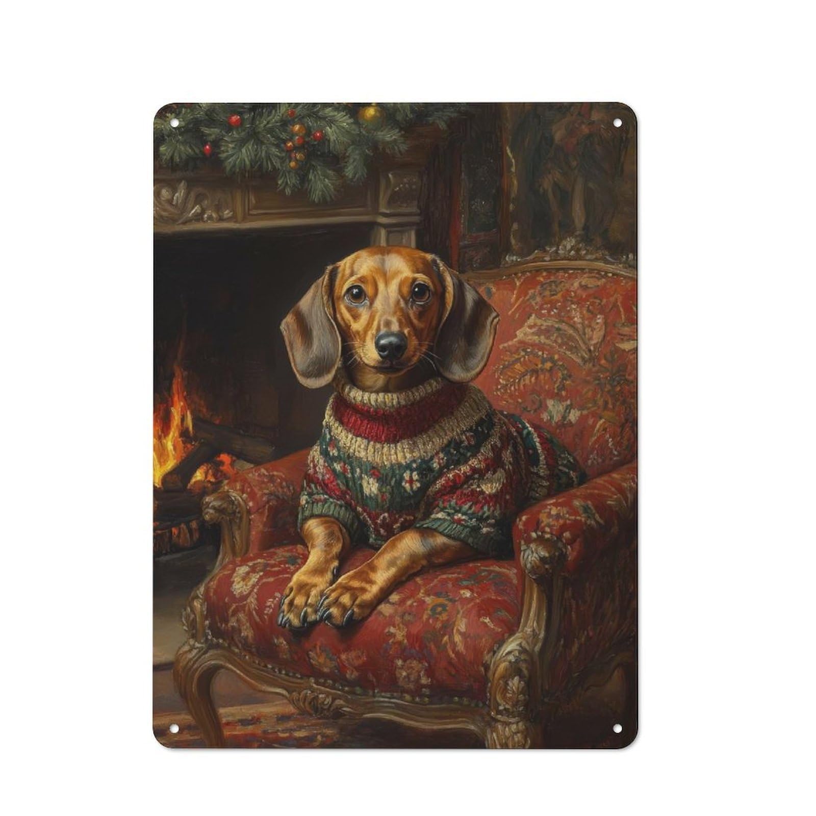 Junmoney Dachshund In Christmas Sweater By Fireplace Tin Wall Plaque 40X30cm With Cozy Holiday Dog Wall Art For Guest Room Or Hallway, For Metal Sign Collectors, For Garage And Workshop Walls