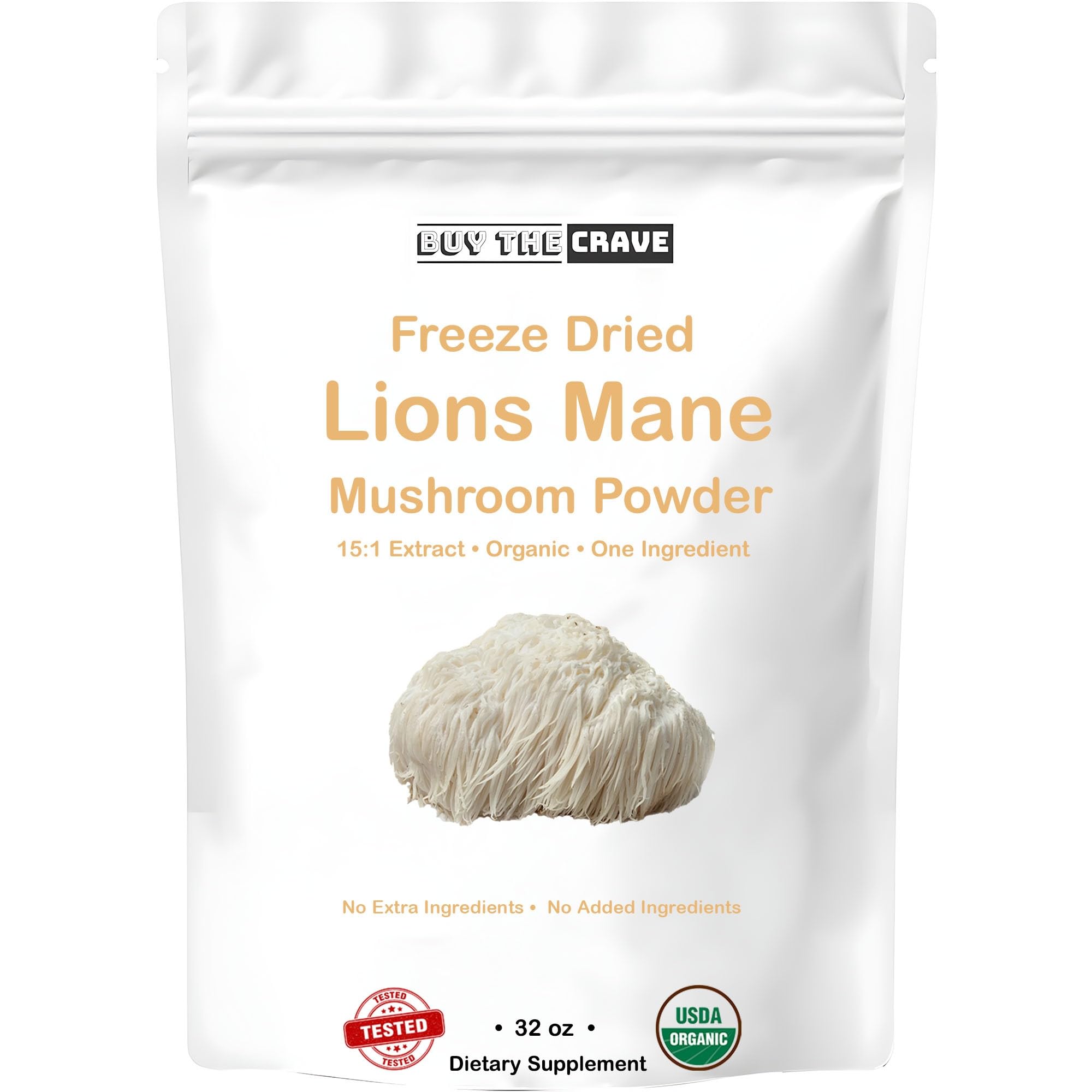 BUY THE CRAVE Organic Freeze Dried Lions Mane Mushroom Powder, Extract 15:1, Memory, Focus, Cognitive Support, 1.5 Gram Per Serving, Supplement Powder