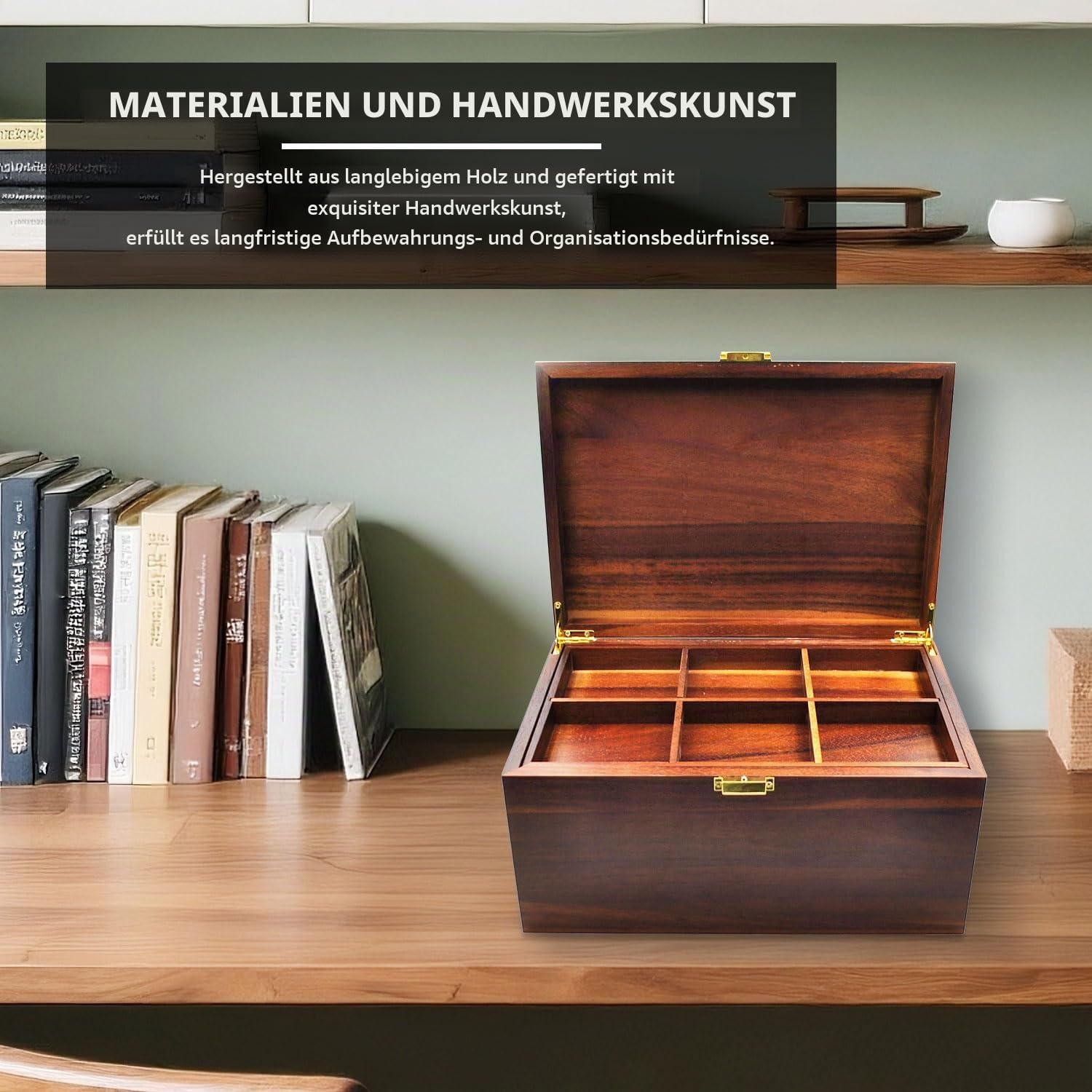 Große Holz Aufbewahrungsbox mit Klappdeckel & Herausnehmbarem Fach, Vintage Akazienholz Schatztruhe (ca. 30,5 x 21,6 x 16 cm) - Ideal für Schmuck, Souvenirs, Werkzeug & Kleinteile