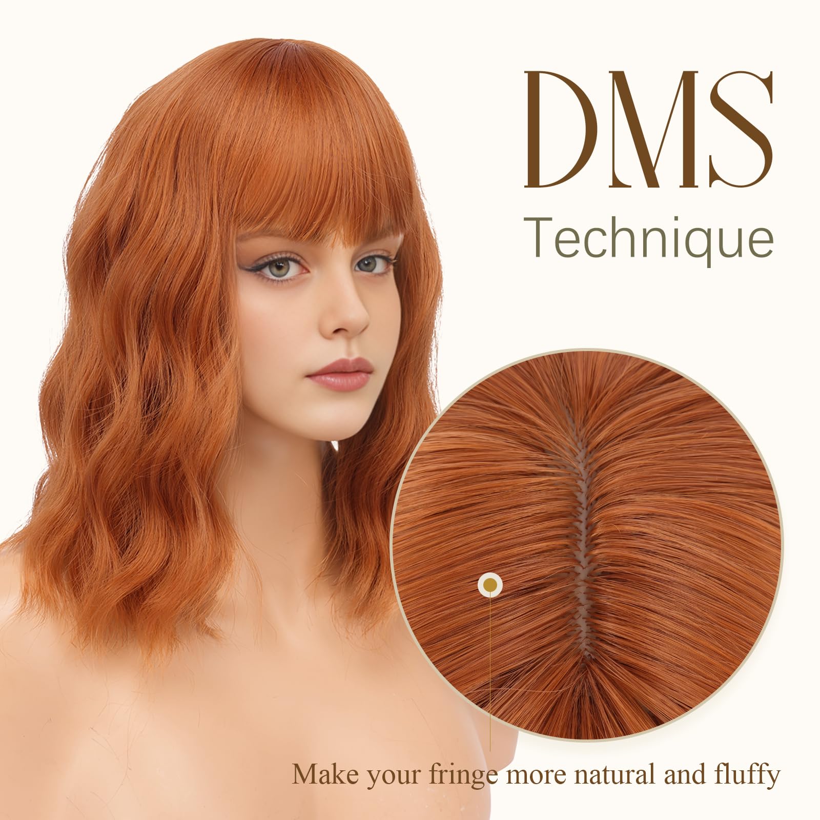 FESHFEN Perruque ondulée avec frange - 35 cm - Orange foncé - Longueur épaules dénudées - Cheveux synthétiques - Pour femme et femme - Pour le quotidien, le carnaval