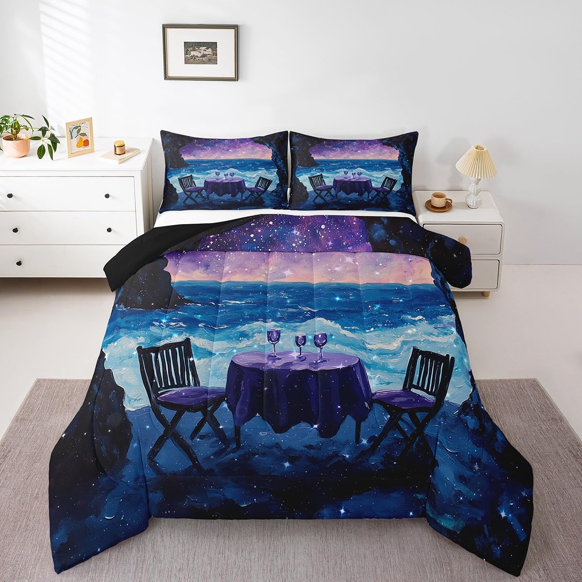 Sea Beach Comforter Sets Toddler Size,Oil Painting Style Bedding Sets,Seaside Camping Tie Dyed Quilted Duvet for Kids Teens Girls Woman Room Decor,Glitter Galaxy Sky Duvet Insert,1 Pillowcase