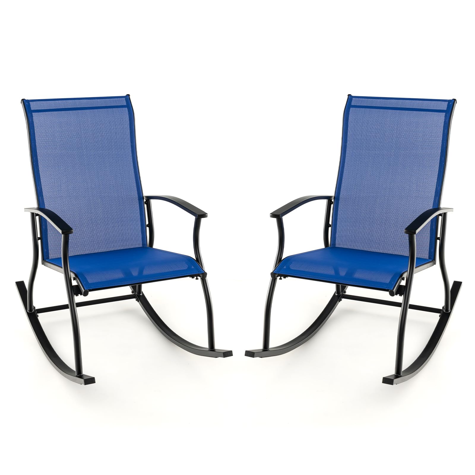 COSTWAY 2er Set Schaukelstühle, Schaukelsessel mit hoher Rückenlehne und atmungsaktivem Sitzstoff, Gartenstühle für Garten, Veranda, Pool, Blau