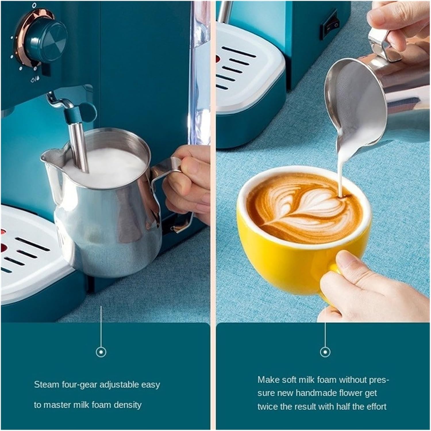 Two images showing milk frothing and latte art