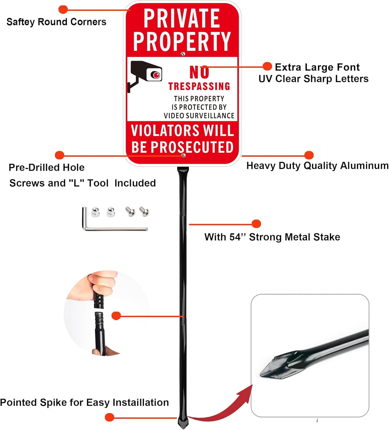 2Pack Private Property No Trespassing Signs with 54-Inch Heavy Stakes, 14x10 Inches Video Surveillance Warning Aluminum, Rust-Free& Fade Resistant, for outdoor Yard