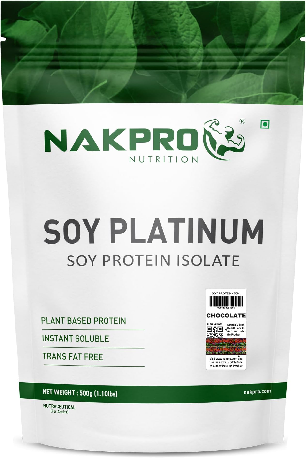 NAKPRO NUTRITION 100% Soy Protein Isolate | Chocolate - 500g | 27.87g Protein |Plant Based Protein Powder