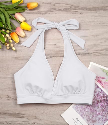 Miniatura 5 de Traje de baño con cuello halter acolchado para mujer, busto fruncido, con gancho en la espalda, traje de baño solamente