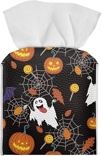 Juego de caja de pañuelos de fantasmas y calabazas, decoración del hogar con temática de Halloween, caja cuadrada de cuero sintético para baño,