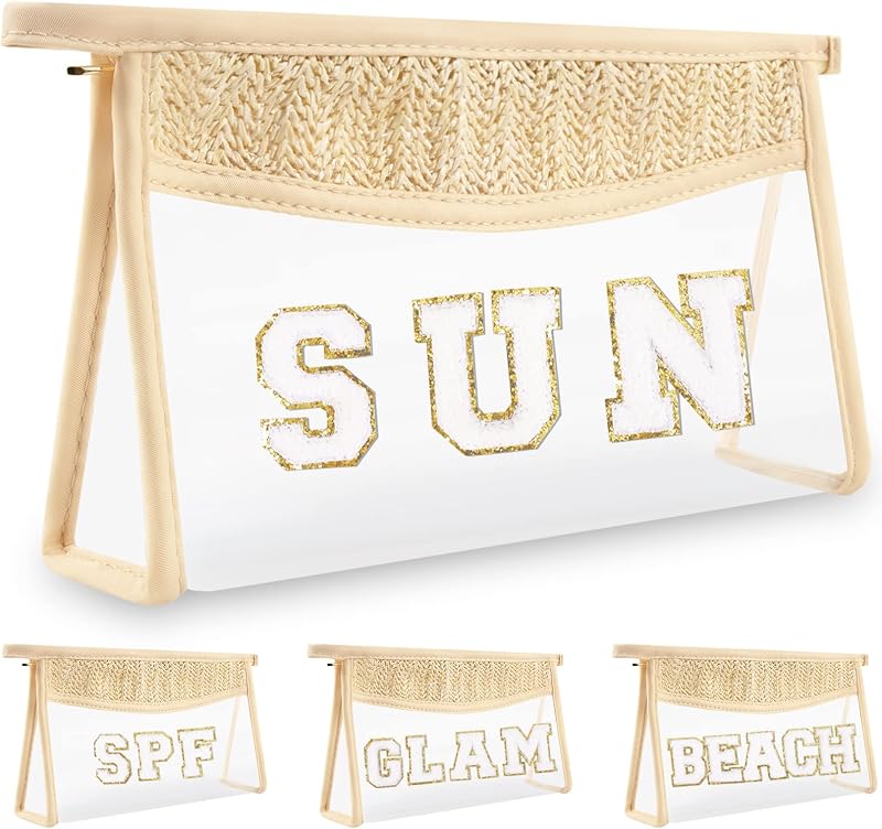 Necessaire transparente izuzta com patch de chenille SUN, zíper e organizador de cosméticos