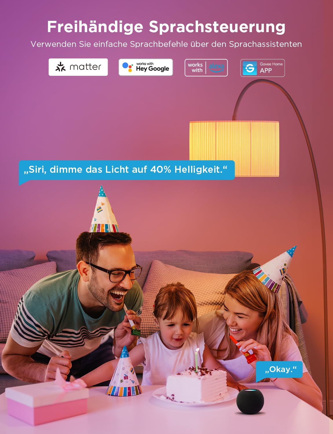 Govee Smart Glühbirne E27 2 Pack und LED Strip 5m, Kompatible mit Matter, Alexa and Google Assistant, DIY Segment Control, App Control, Music Sync