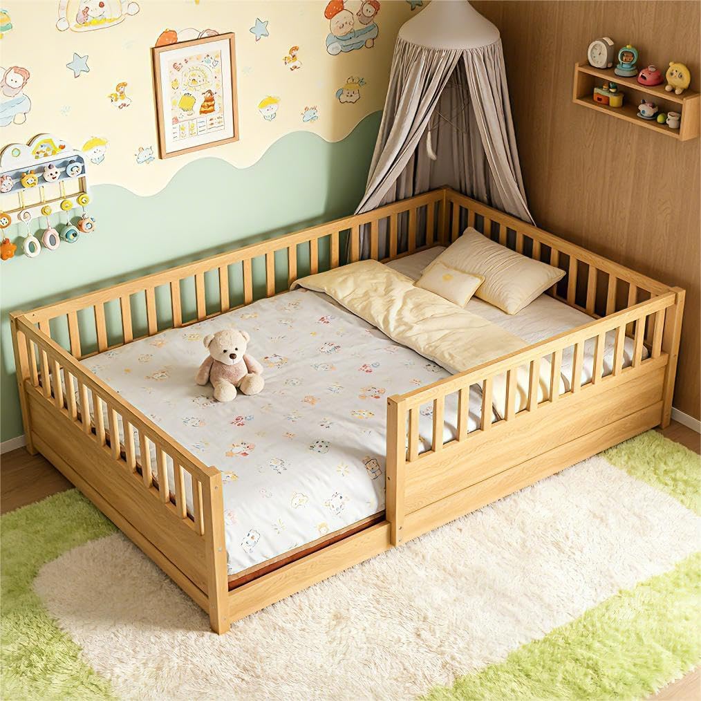 Bellemave Full Size Floor Bed Frame with 21.4" High Fence, Solid Wood Low Platform Montessori Floor Bed Full for Kids, No Box Spring Needed, Natural