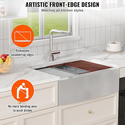 Miniatura 7 de VEVOR Fregadero rústico de 30 pulgadas, fregadero de cocina de acero inoxidable 304, fregadero de cocina de montaje superior con repisa y