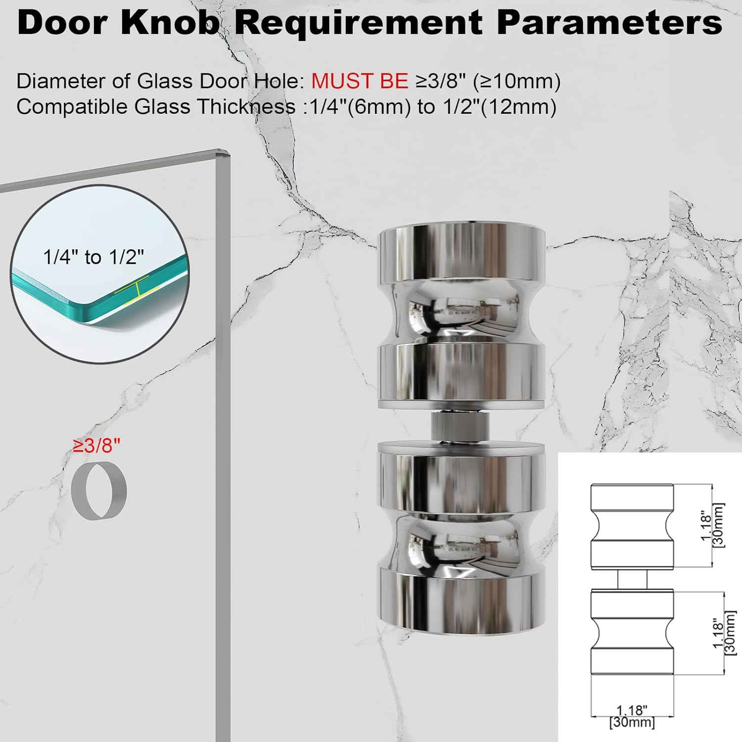 Shower Glass Door Handle, SUS304 Stainless Steel Bathroom Door Knob, Heavy Duty Double Sided Sliding Shower Doors Pull Knob Handle for Replacement Glass Door Knob Polished Chrome