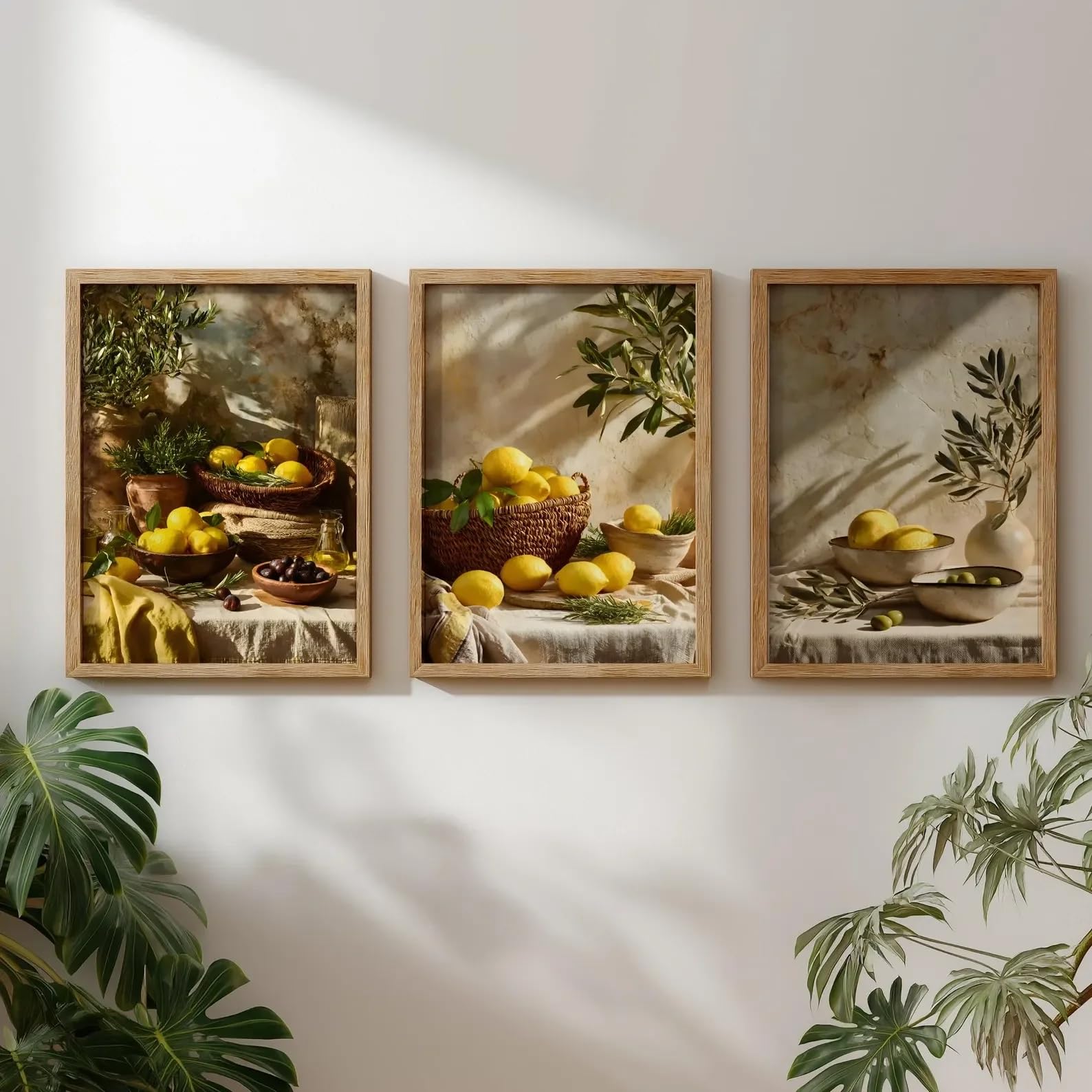 GOSRD Mediterranean Lemon Wall Art Olive Branch Kitchen Poster Farmhouse Still Life Canvas Paintings For Room Decor(60x90cm-3Pcs)