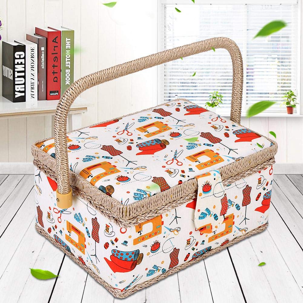 Caja de costura de madera multicolor, grande, organizadora, cesta de tela, hilo y aguja naranja