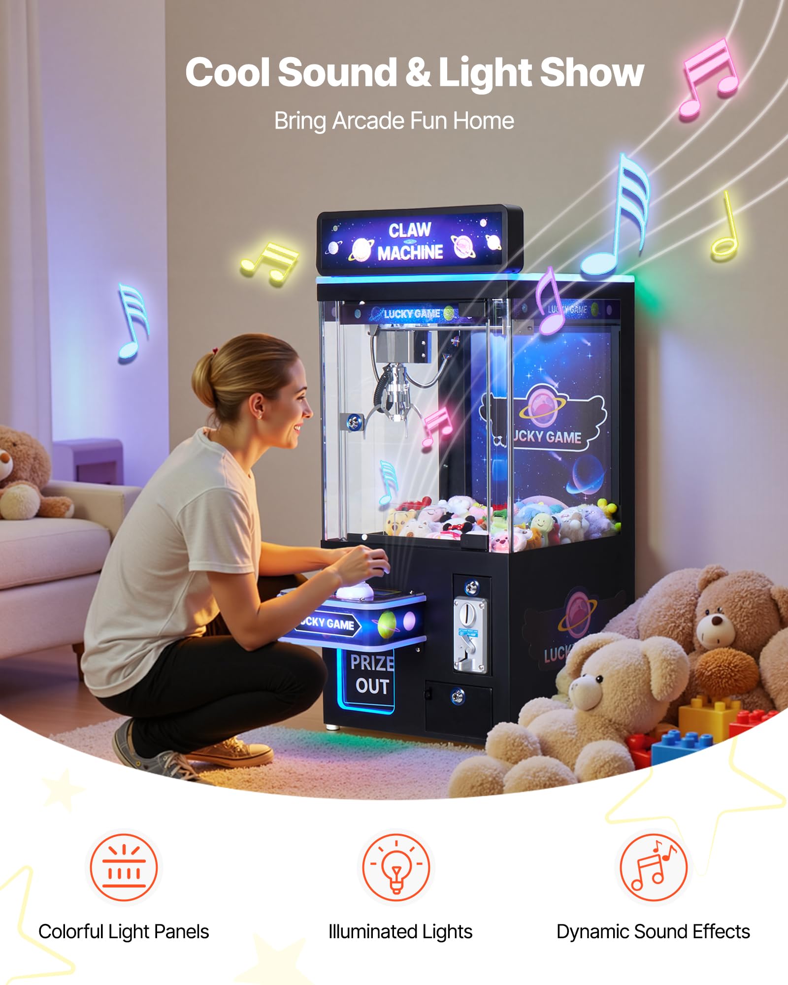 VEVOR Machine à Pince Attrape Peluche Fête Foraine 60 W Jeu Arcade avec Effets Lumineux Sonores Mode Griffe s'adapte aux Peluches 40-80 mm pour Salles de Cinéma, de Jeux Domestiques, Noir et Violet