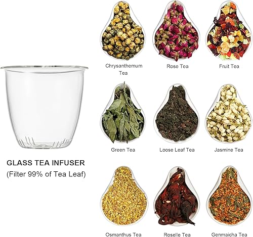 Vista 4 de Lezero Tazas de té de vidrio con infusor y kit de tapa, taza de té resistente al calor con filtro para preparar té de hojas sueltas y florecientes