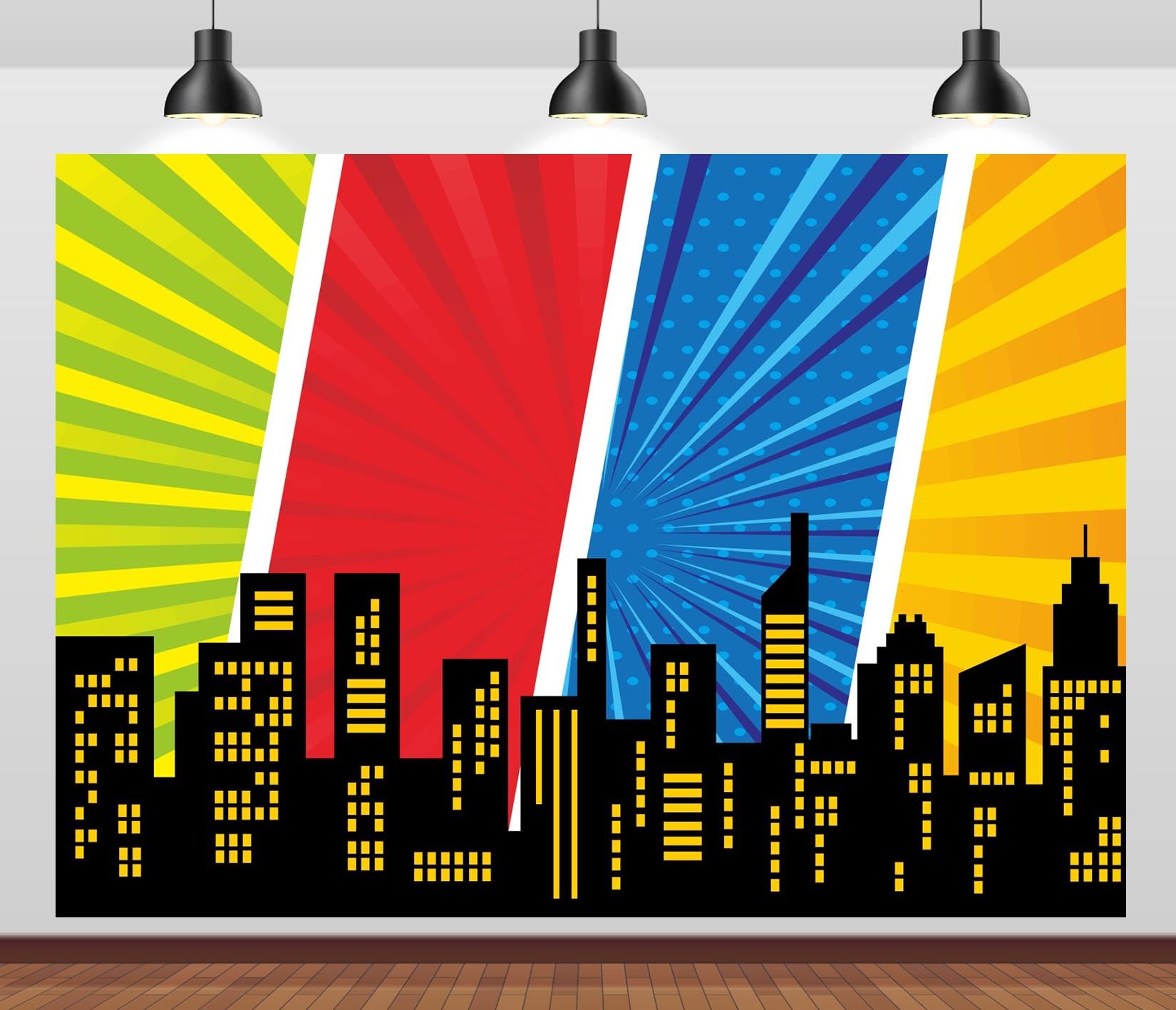 BELECO 7x5ft Fabric Super City Backdrop for Superhero Photoshoot Comic Skyline Buildings Cityscape Background for Superhero Party Decorations Boy Girl
