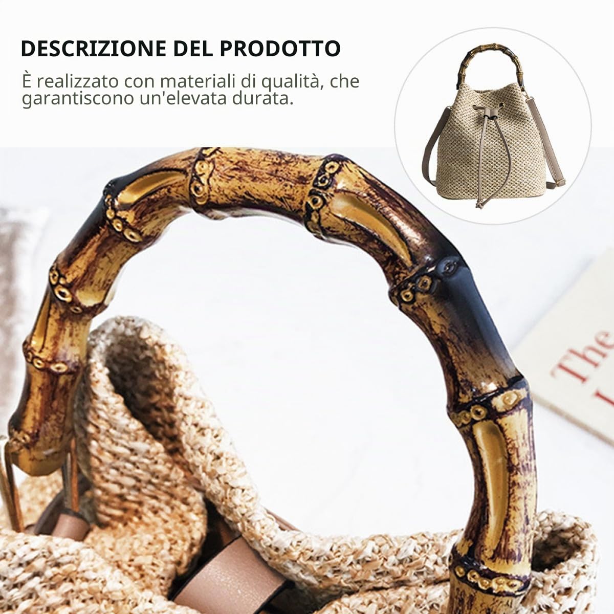 Borsa Paglia a Secchiello Tracolla, in Lino e Poliestere, Color Kaki, Semplice alla Moda, per Appuntamenti e Viaggio