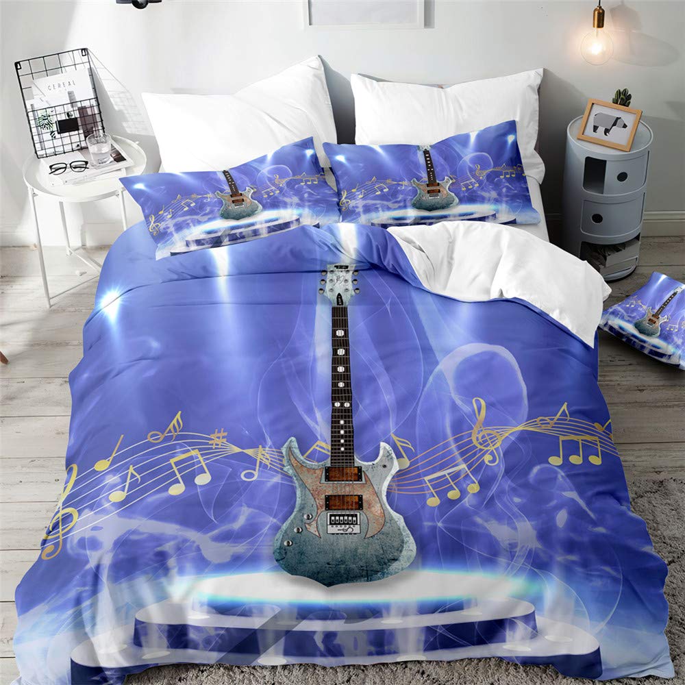 Surwin Men's White Bedding Set Microfiber 3Pcs For Double Single Size, 3D Guitar Duvet Cover Set With Music Printing Quilt Cover & 2 Pillowcases For King Super King Adult Kids (,Single 135X200cm)