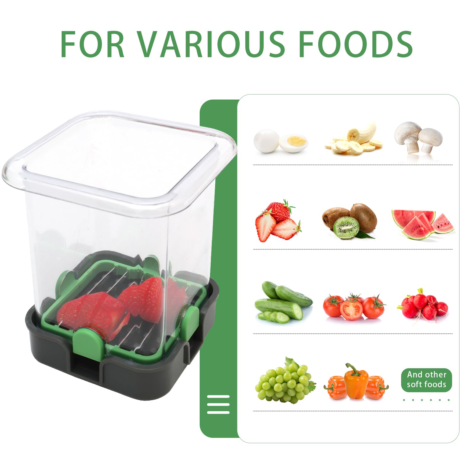 Cortador de fresas - Cortador de frutas con recipiente - Picador profesional de alimentos suaves - Cortador de frutas desmontable con placa de empuje - 2 cuchillas - Verde 4