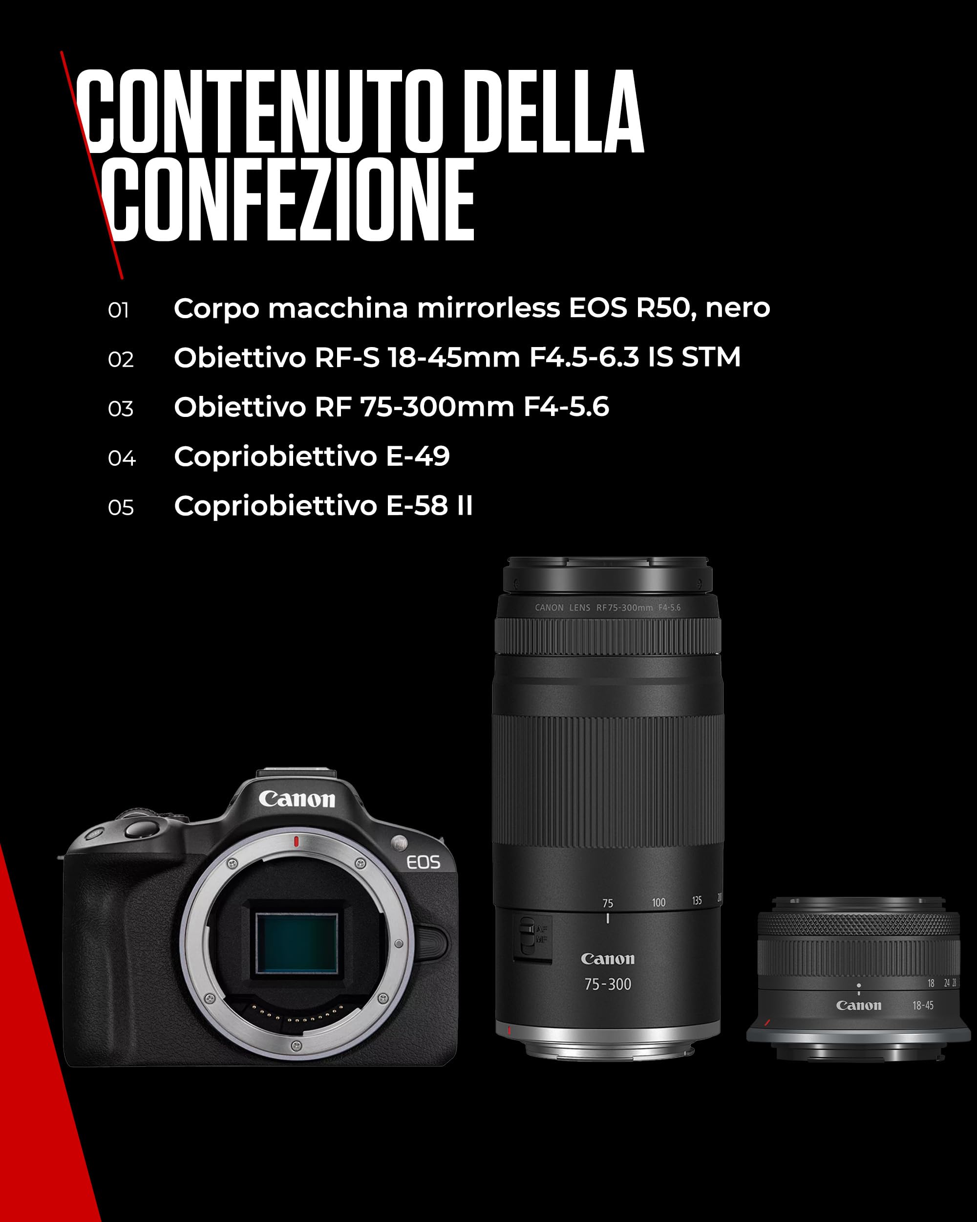 Canon EOS R50 APS-C Mirrorless + RF-S 18-45 + 75-300mm Kit Doppio Zoom (24,2 Mp,- Fino a 15fps, DIGIC X, Video 4K UHD Fino 30p, Dual Pixel CMOS Auto Focus II, Disp, Lay Touch Ordinetabile 7,5 cm)