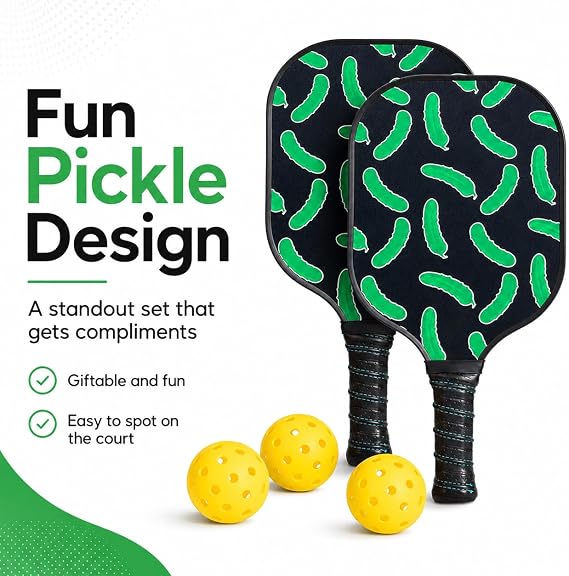 Pickleball Paddle Set of 2 with Pickle Design, USAPA Approved Carbon Fiber Paddles, 4 Balls and Carry Bag, Funny Beginner Pickleball Gift Set