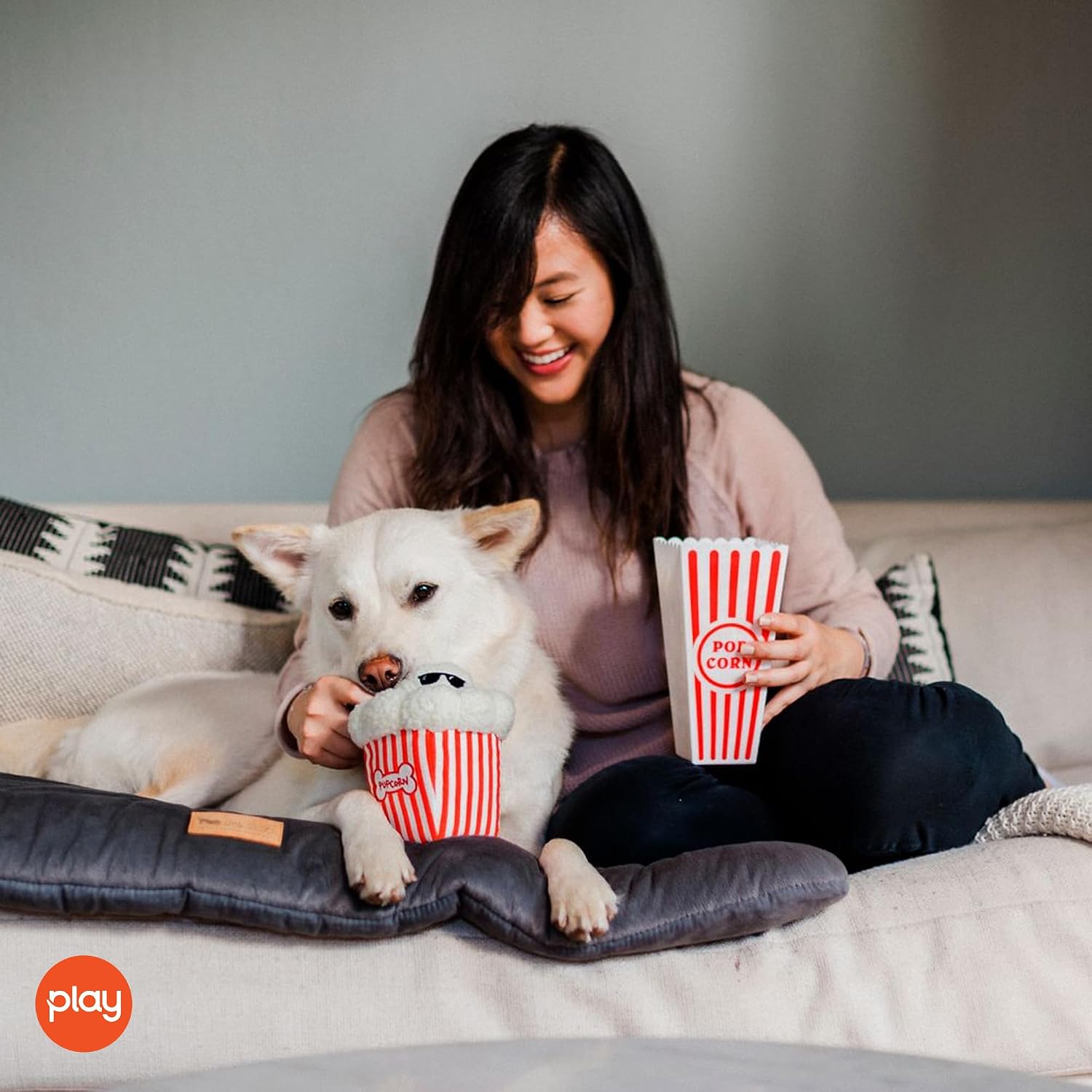 P.L.A.Y. Cute Plush Dog Toys - Hollywoof Cinema, Movie Themed Durable Squeaker Chew Toy, Great for Puppies & Small, Medium, Large Dog Breeds - Machine Washable, Recycled Materials (Poppin' Pupcorn)