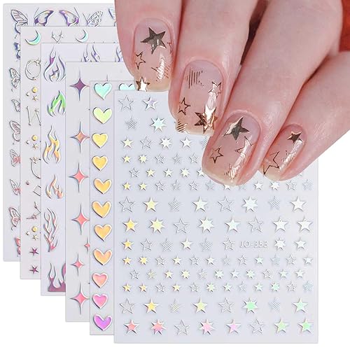 9 hojas de calcomanías holográficas para arte de uñas, calcomanías autoadhesivas, uñas, corazón, llama, estrellas, mariposa, luna, suministros de