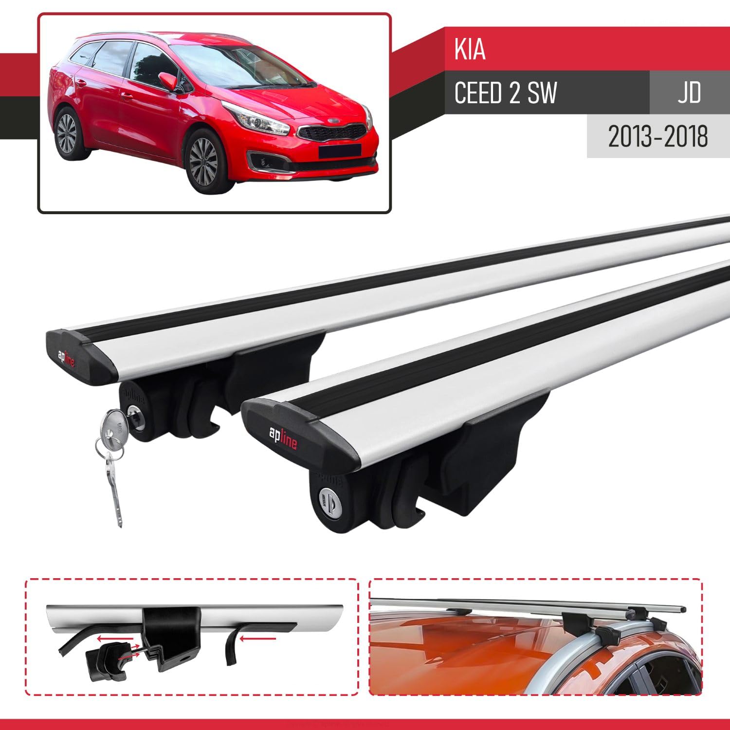Kompatybilny z Compatible with Kia Ceed 2 (JD) SW 2013-2018 HOOK Model Aluminiowy bagażnik dachowy 2 poprzeczki, szary