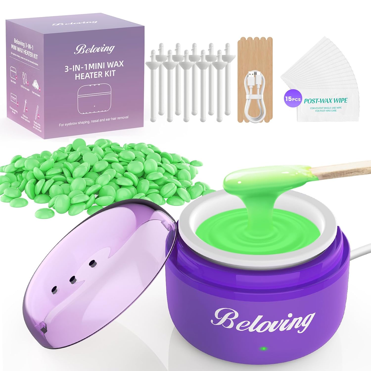 Nose Wax Kit Men, Mini Wax Warmer for Facial Hair Removal, Ear Eyebrow Waxing Kit for Women Men With 100g Beads, 10 Applicators, 10 Nose Sticks, Portable Melt Machine for Home Travel Use – Purple