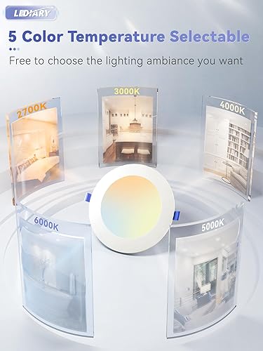 Miniatura 2 de LEDIARY Paquete de 24 lámparas de techo empotrables LED ultrafinas 5CCT de 6 pulgadas con caja de conexiones, 2700K-6000K seleccionables, 12 W Eqv