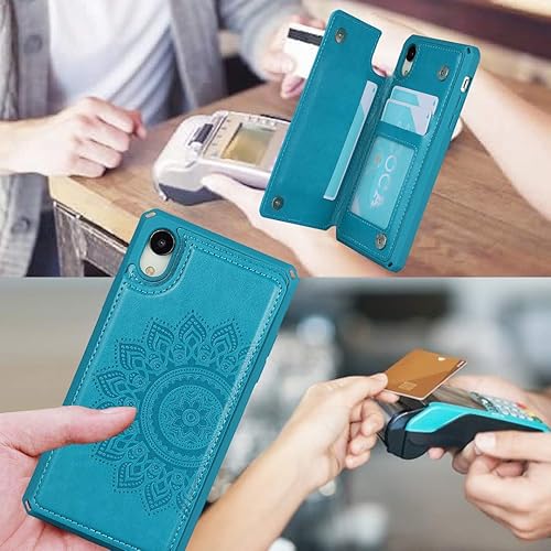 Miniatura 9 de iCoverCase Funda compatible con iPhone XR con tarjetero para mujer, con bloqueo RFID en relieve, piel sintética con correa de muñeca (azul mandala)