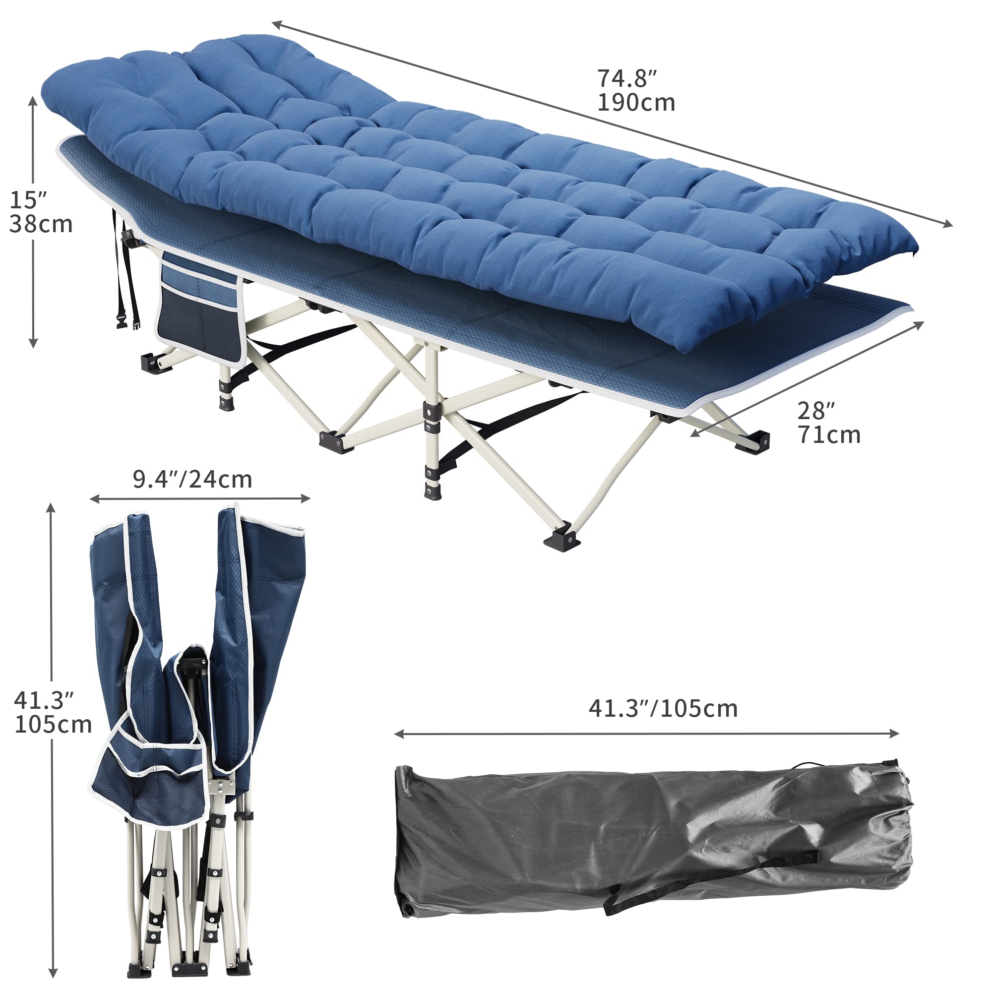 YITAHOME Letti da Campeggio Pieghevoli per Adulti, Robusta Lettino da Campo con Materasso Extra Spesso, Lettino per Dormire con Tubi Più Spessi per Ufficio da Viaggio all'aperto, Blu