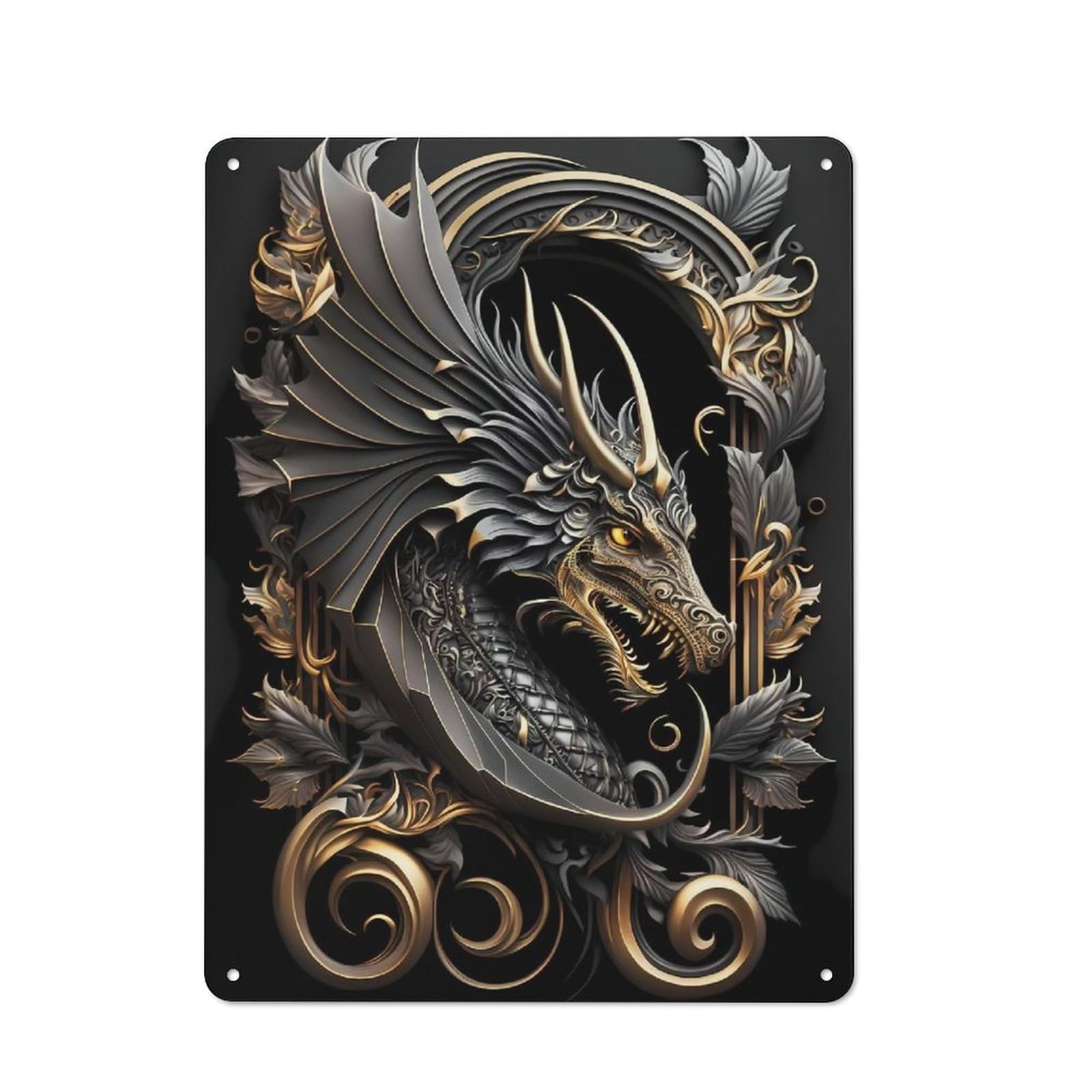 Junmoney Style-7 Workshop Style Legendary Black Dragon Decorative Metal Plaque 40X30cm, Workshop Wall Decor For Garage, Hobby Room, Office Or Man Cave