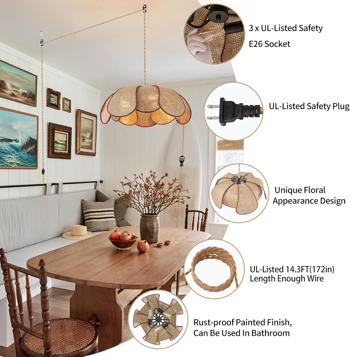 Hanging Lights with Plug in Cord, 3-Light 14.3FT Stepless Brightness Flower Shaped Hanging Lamp with On/Off/Dimmable Switch, Boho Handwoven Chandelier Rattan Pendant Light for Bedroom Nursery (Brown）