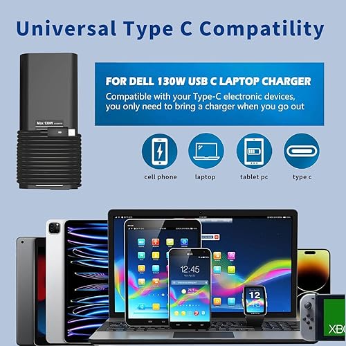 Miniatura 3 de Cargador USB C de 130 W compatible con cargador de laptop Dell tipo C, cable de alimentación de CA delgado - Precisión 5550 5560 5570 5750 3560 XPS