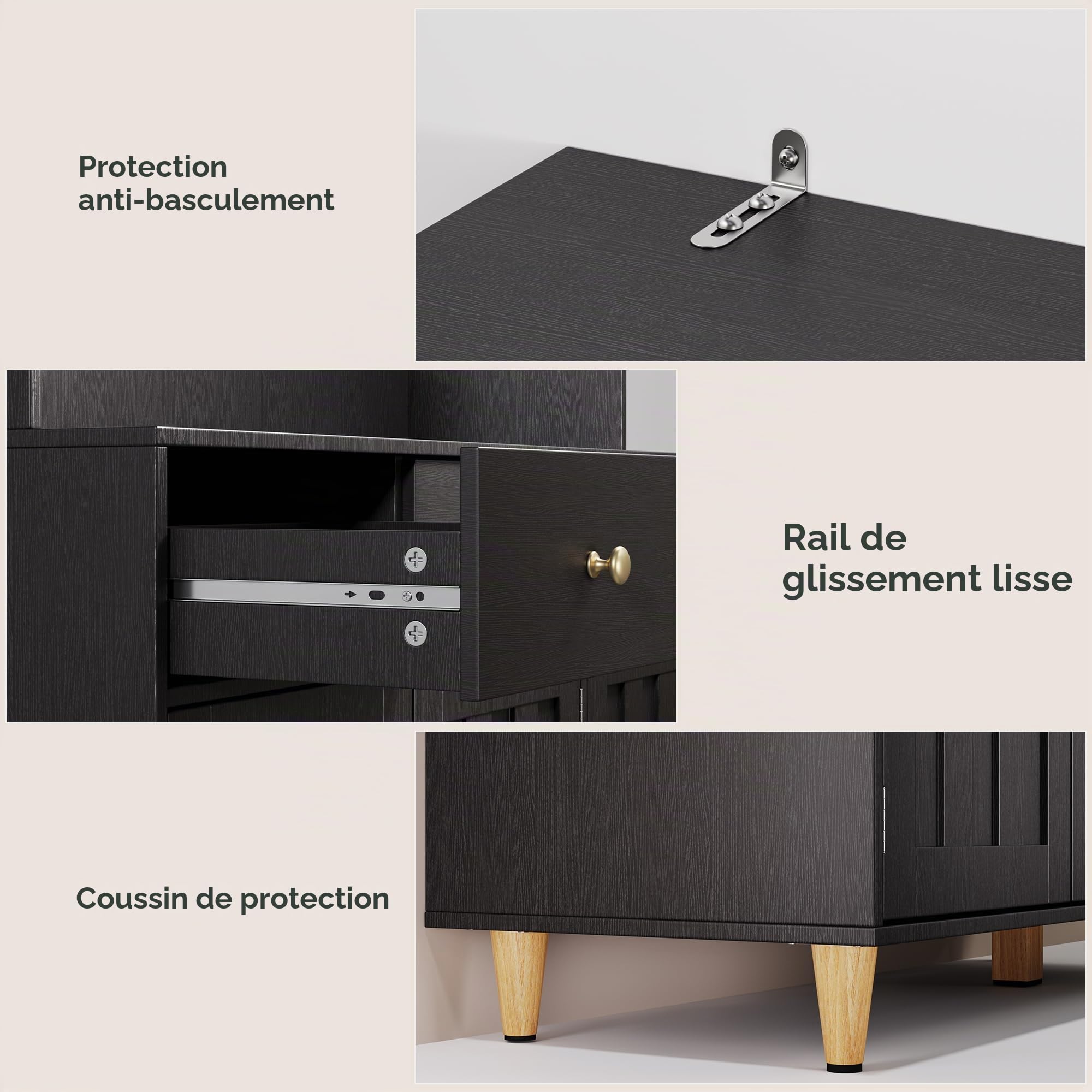 Vaisselier, Armoire de Cuisine Haute avec LED, Buffet avec 6 Portes et 3 Tiroirs,Vaisselier Vitrine avec des Portes d'armoire Transparentes,pour Le Salon et la Cuisine,180×38×180cm, Noir
