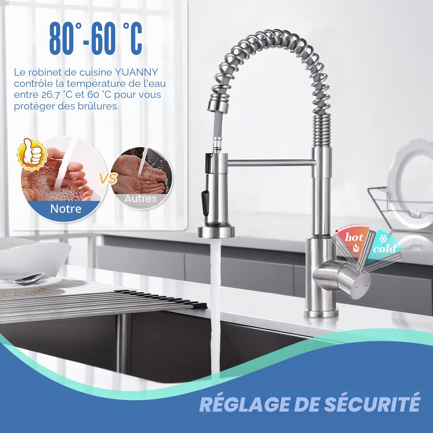 Robinet d'évier de Cuisine Sans Contact, Robinet Infrarouge avec Douchette Extensible, Pivotant à 360 °, 2 Types de Jets, Mitigeur Cuisine Touchless Robinet d'évier en acier inoxydable