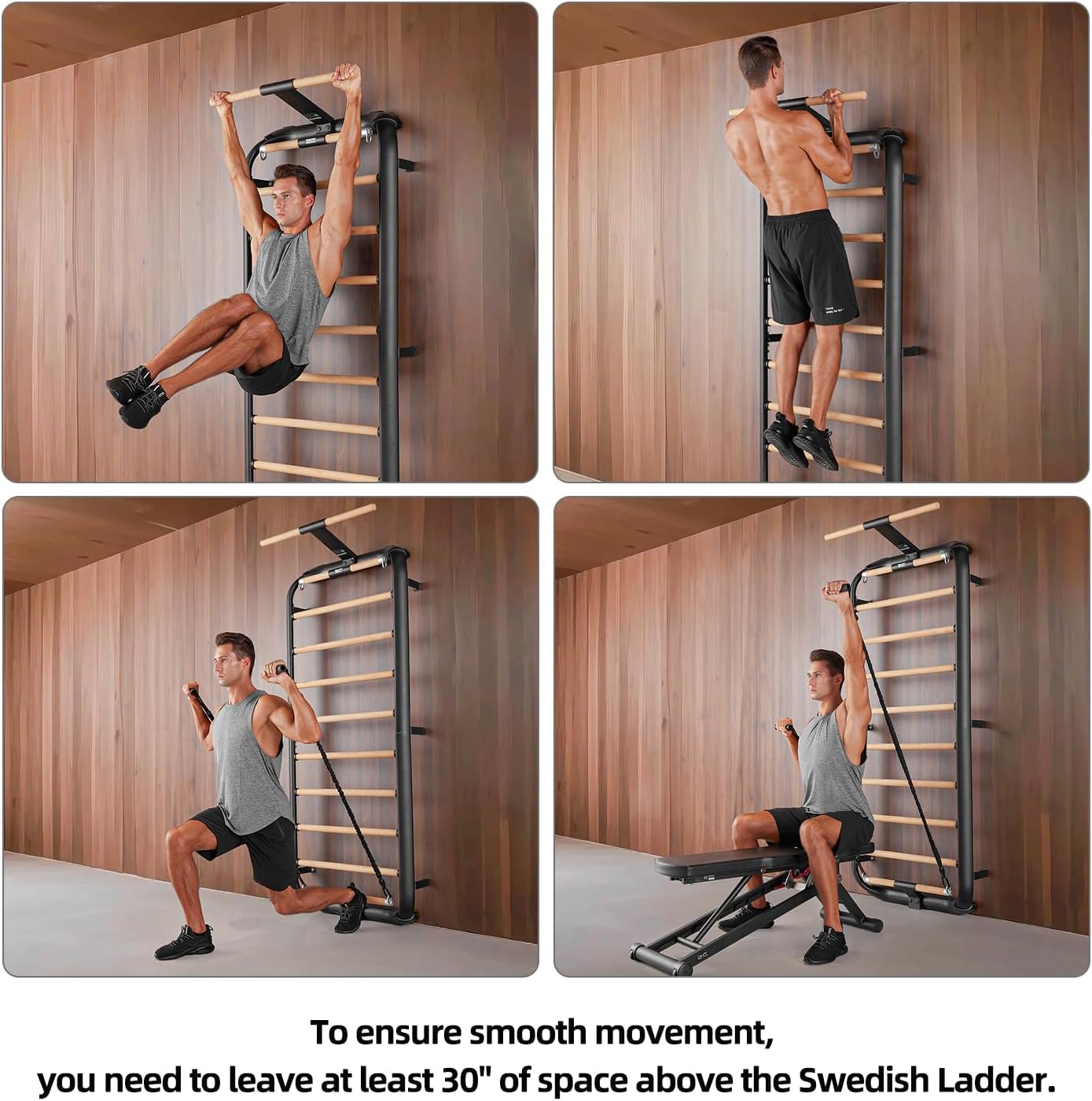 DHT Swedish Ladder 2.0, Wood Stall Bar with Suspension Trainer Straps, Pull-Up Dip Bar Attachment, 11 Strategic Rods, for Home, School, Physical Therapy and Gymnastics