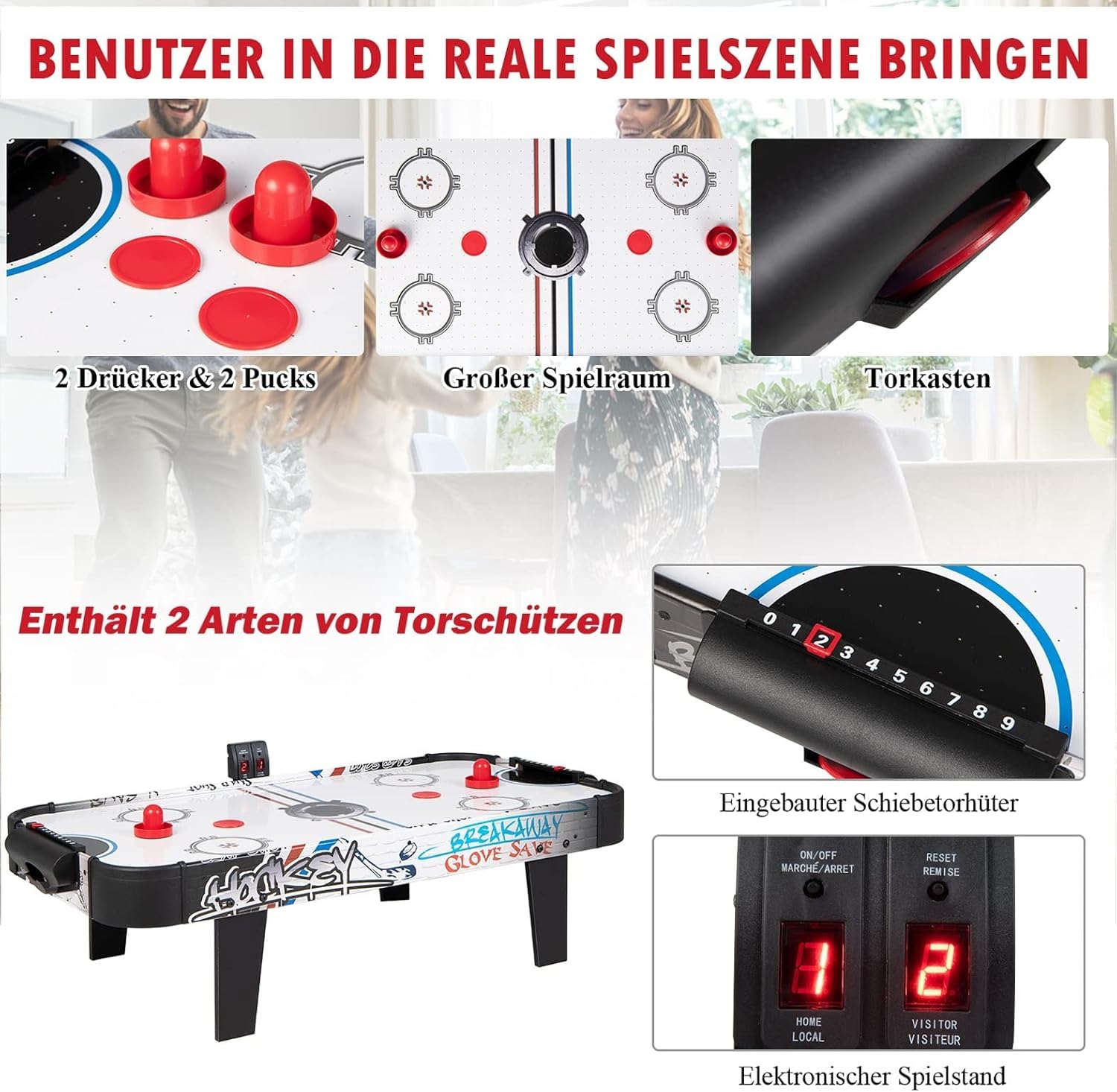 GOPLUS Mesa de Hockey de Aire, Hockey de Mesa Plegable con Marcador Electrónico, Motor de 12V, 2 Discos y 2 Empujadores, Juego de Hockey de Pie, para Sala de Juegos, Hogar y Oficina