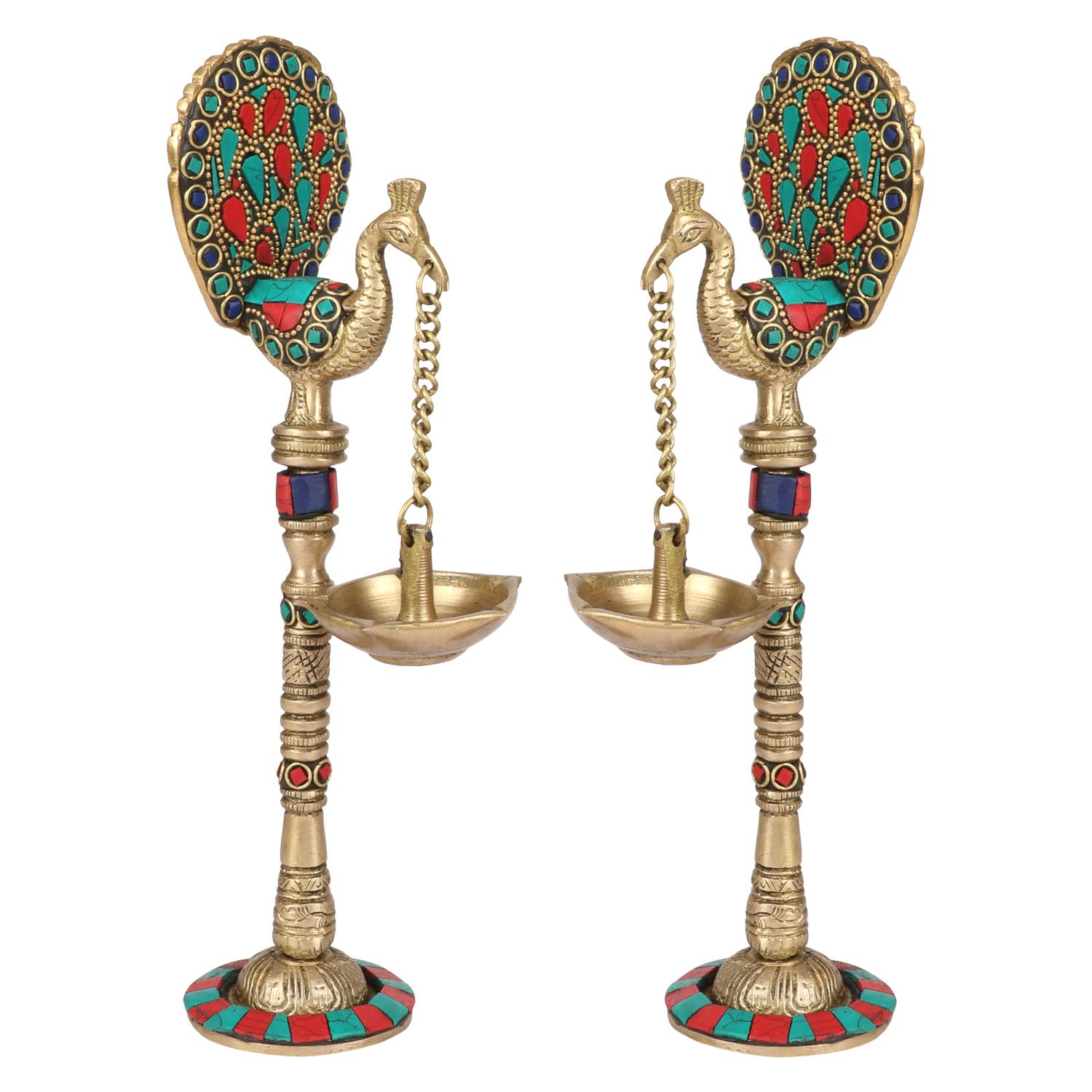 ARTVARKO Brass Pair of Bird Peacock Hanging Chain Diya Oil Lamp Stand, 9 Inches